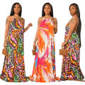 L51695 New Arrival Streetwear Women Sexy Drawstring Casual Pattern Print Halter Maxi Dress